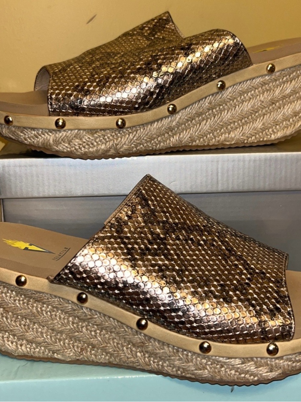 Volatile Metallic Bronze Slide Wedge Sandals - Women